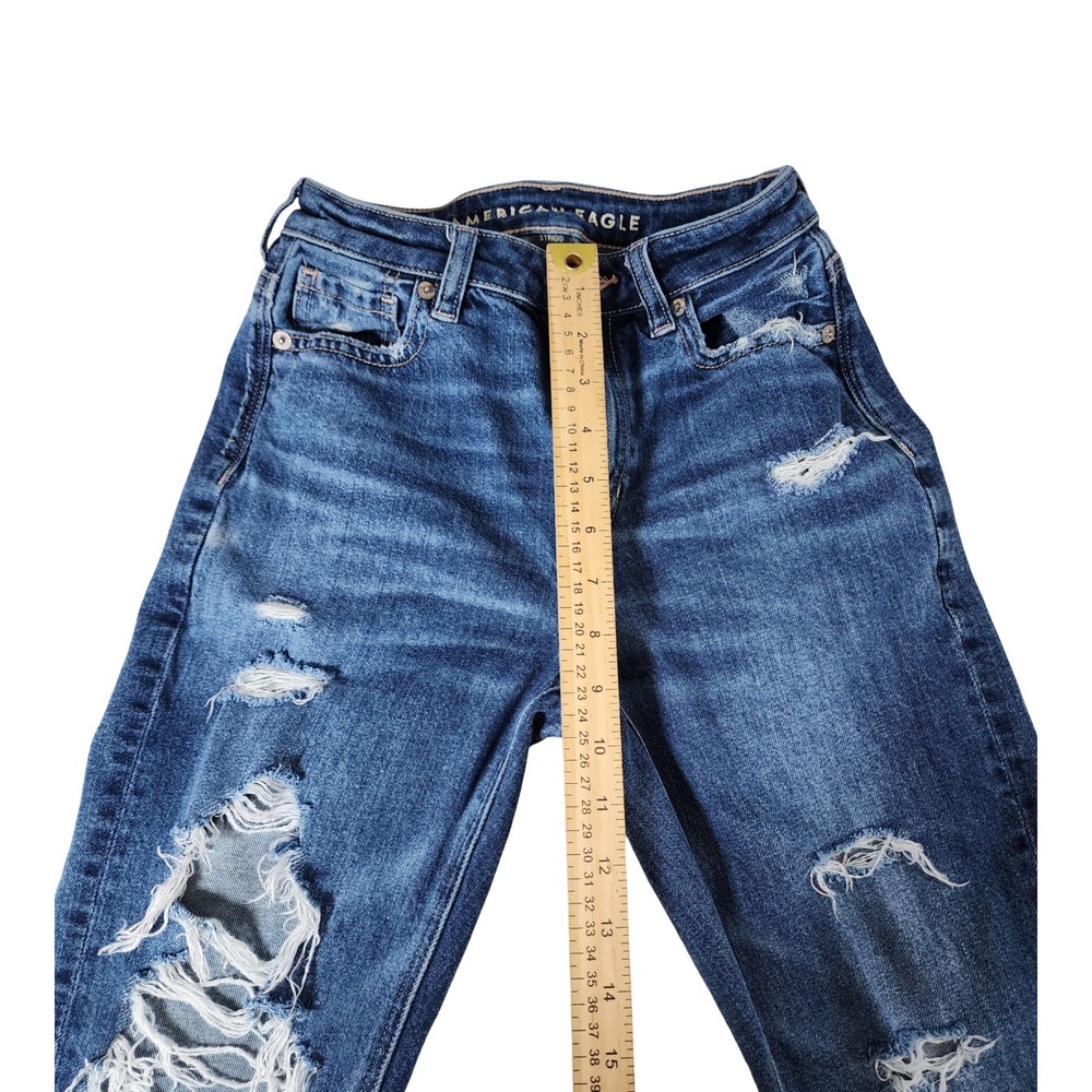 American Eagle Strigid Distressed Mom Jeans Dark Wash Floral Embroidery Size 000 - Picture 7 of 13